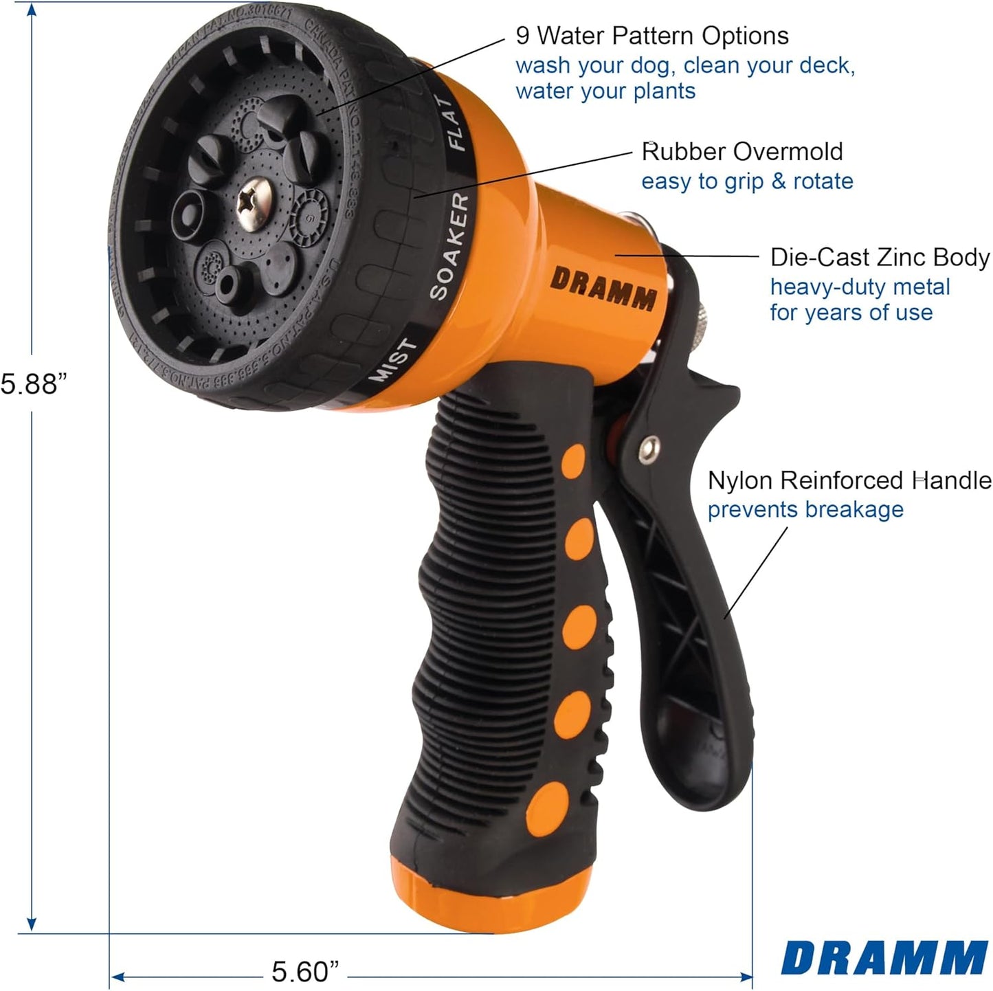 Dramm Revolver Heavy Duty Metal Garden Hose Nozzle – 9 Spray Patterns, High Pressure Jet, Thumb-Control Flow, Ergonomic Grip – Green