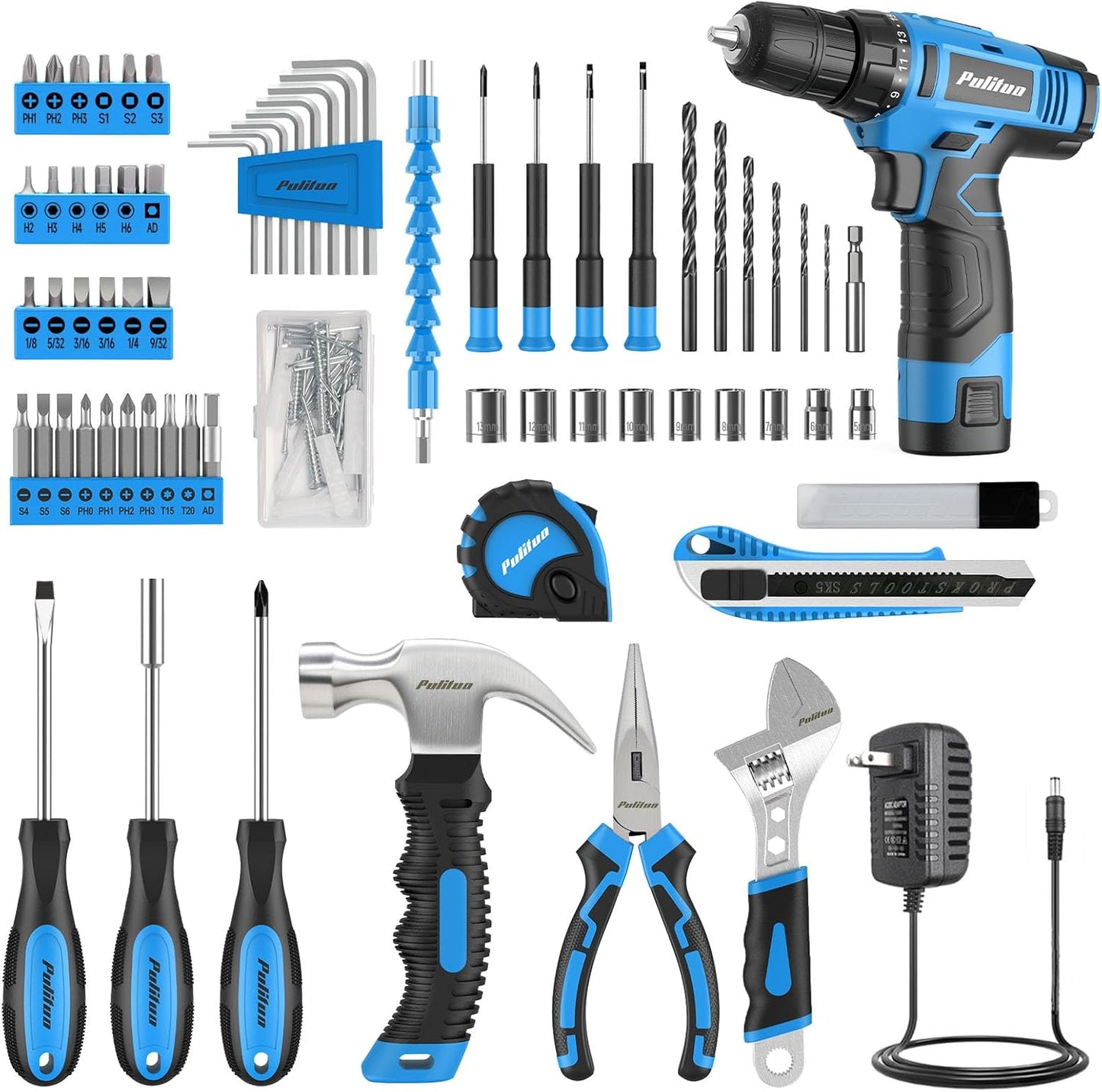 PULITUO Drill Set, 149-Piece Home Tool Set with 12V Pink Cordless Drill, Tool Box, Hand Tool Kits for Women & Men and DIY Enthusiasts, for Home Improvement