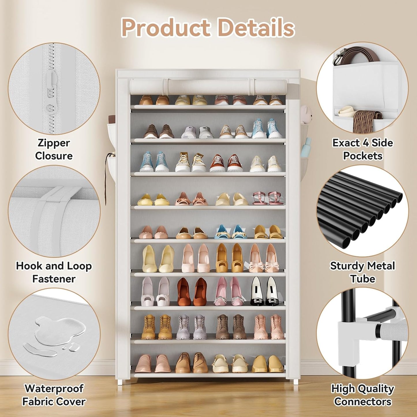 LANTEFUL Shoe Rack with Covers - 10 Tiers Tall Shoe Rack Organizer Large Capacity Shoe Shelf Storage 40 Pairs Space Saving Vertical Shoe Storage Organizer for Closet, Entryway, Dorm, Bedroom