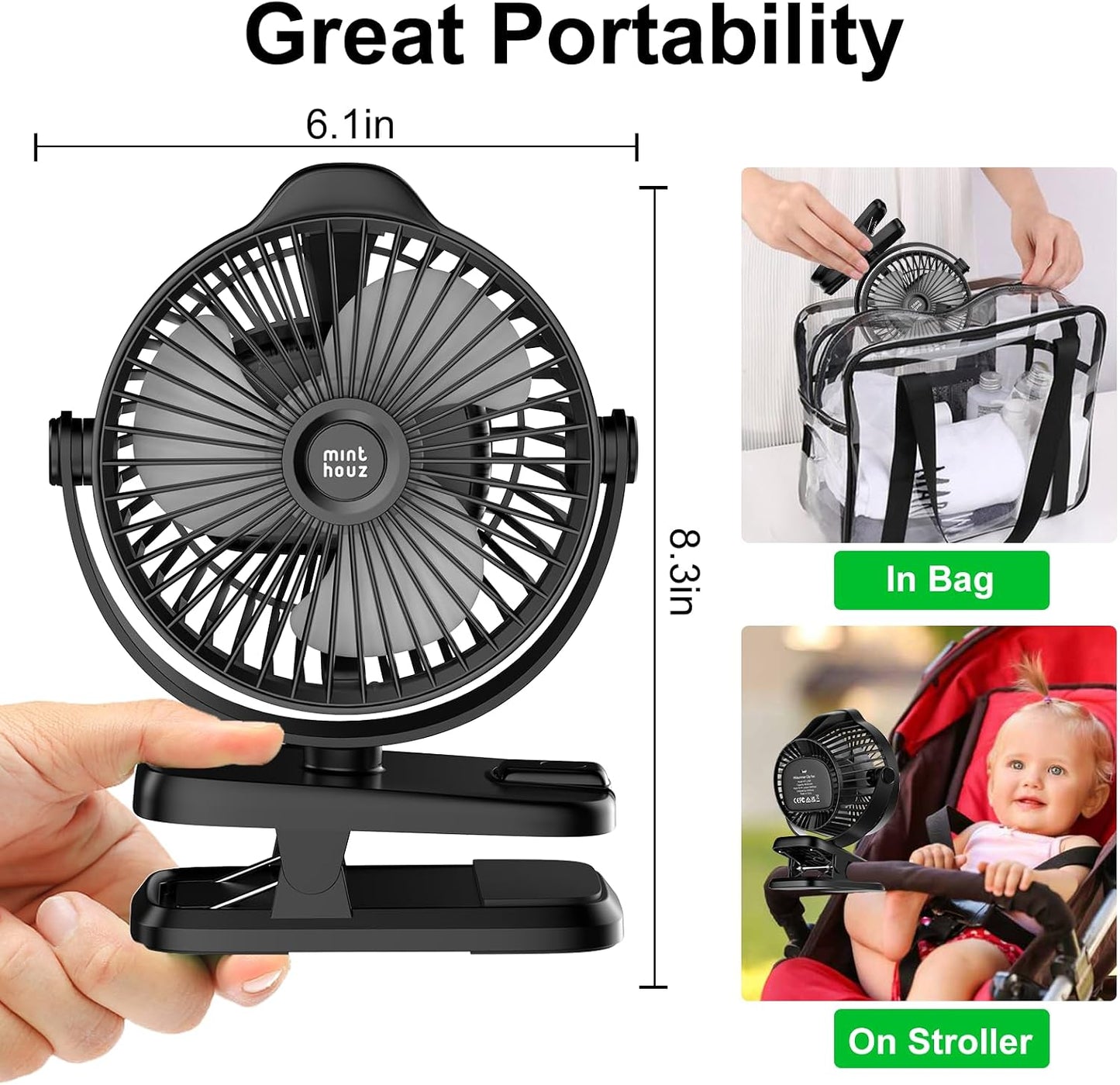 Minthouz Clip on Fan - 8000mAh USB C Rechargeable Small Fan with Battery Level Indicator, 720° Rotation Low Noise Desk Fan for Outdoor Camping/Stroller/Home/Office