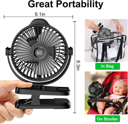 Minthouz Clip on Fan - 8000mAh USB C Rechargeable Small Fan with Battery Level Indicator, 720° Rotation Low Noise Desk Fan for Outdoor Camping/Stroller/Home/Office