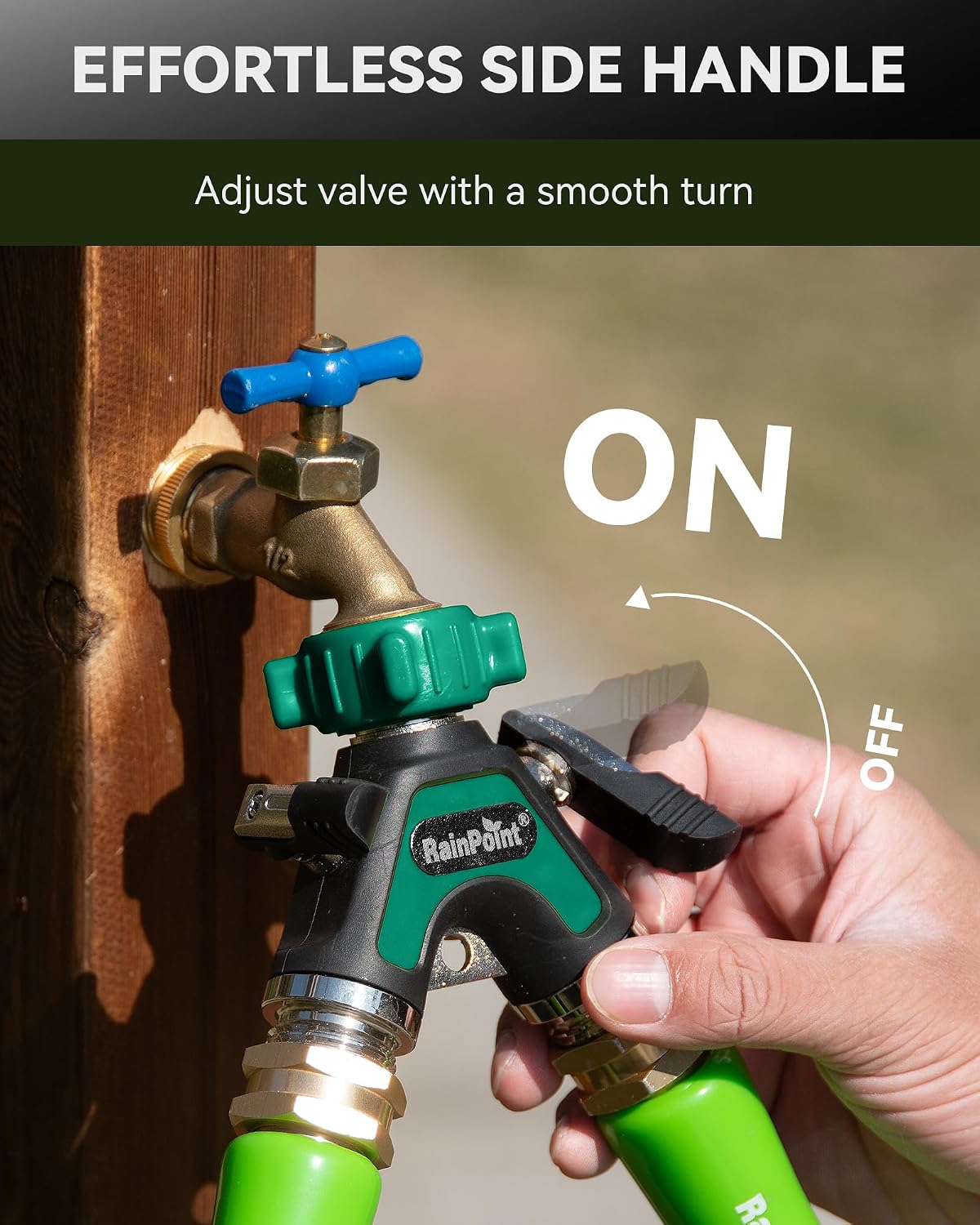 RAINPOINT Garden Hose Splitter 2 Way, All Metal Heavy Duty Water Hose Y Splitter With 2.05" Extra Long Side Handle & Shut Off Valves, 3/4 Inch GHT Thread Connector For Outdoor Spigot Faucet (Green)