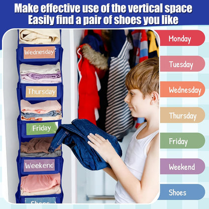 2 Pack 7 Shelf Weekly Clothes Organizer Hanging Closet for Kids with Side Pockets Weekday Shoes Rack Weekly Clothes Organizers Monday Through Weekend Foldable Storage Shelves(Black)