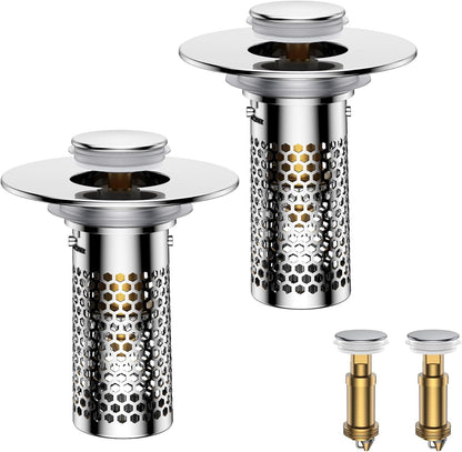 Bathroom Sink Drain Strainer,Universal Pop-Up Sink Stopper Hair Catcher, Anti-Clog Stainless Steel Drain Filter Basket, Removable Sink Drain for Bathroom Sink Stopper (Ysilver-2（with Buckle）)
