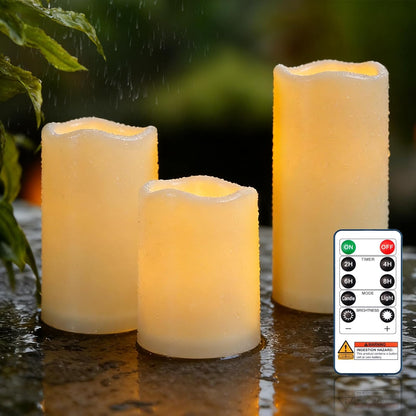 Raycare Outdoor Waterproof Flameless Candles, Battery Operated LED Electric Candles with Remote and Timers, Fake Pillar Candle for Patio, Porch, and Wedding Decor, Ivory, Set of 3(3"x4" 5" 6")