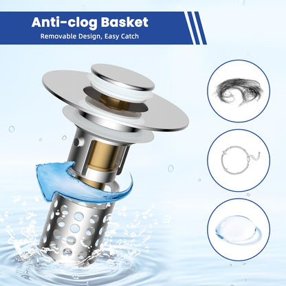 Universal Bathroom Sink Drain Strainer Hair Catcher, Brushed Nickel | Upgraded with Removable Stainless Steel Filter Basket, 3 in 1 Pop Up Sink Stopper for 1.1''~2.36'' Sink Basin Hole