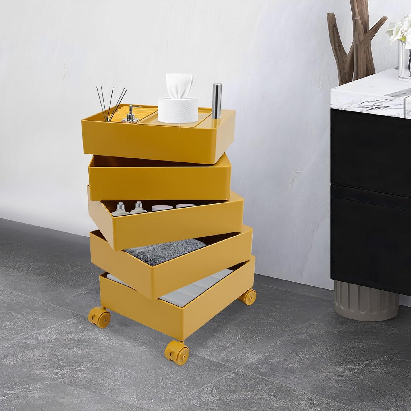 TFCFL 5 Tier Rolling Storage Cart, 360° Rotating Sofa Side Cabinet, Storage Cabinet Bedside Table for Bathroom Kitchen, Movable Narrow Cabinet with Wheels for Living Rooms, Kitchens, Offices (White)