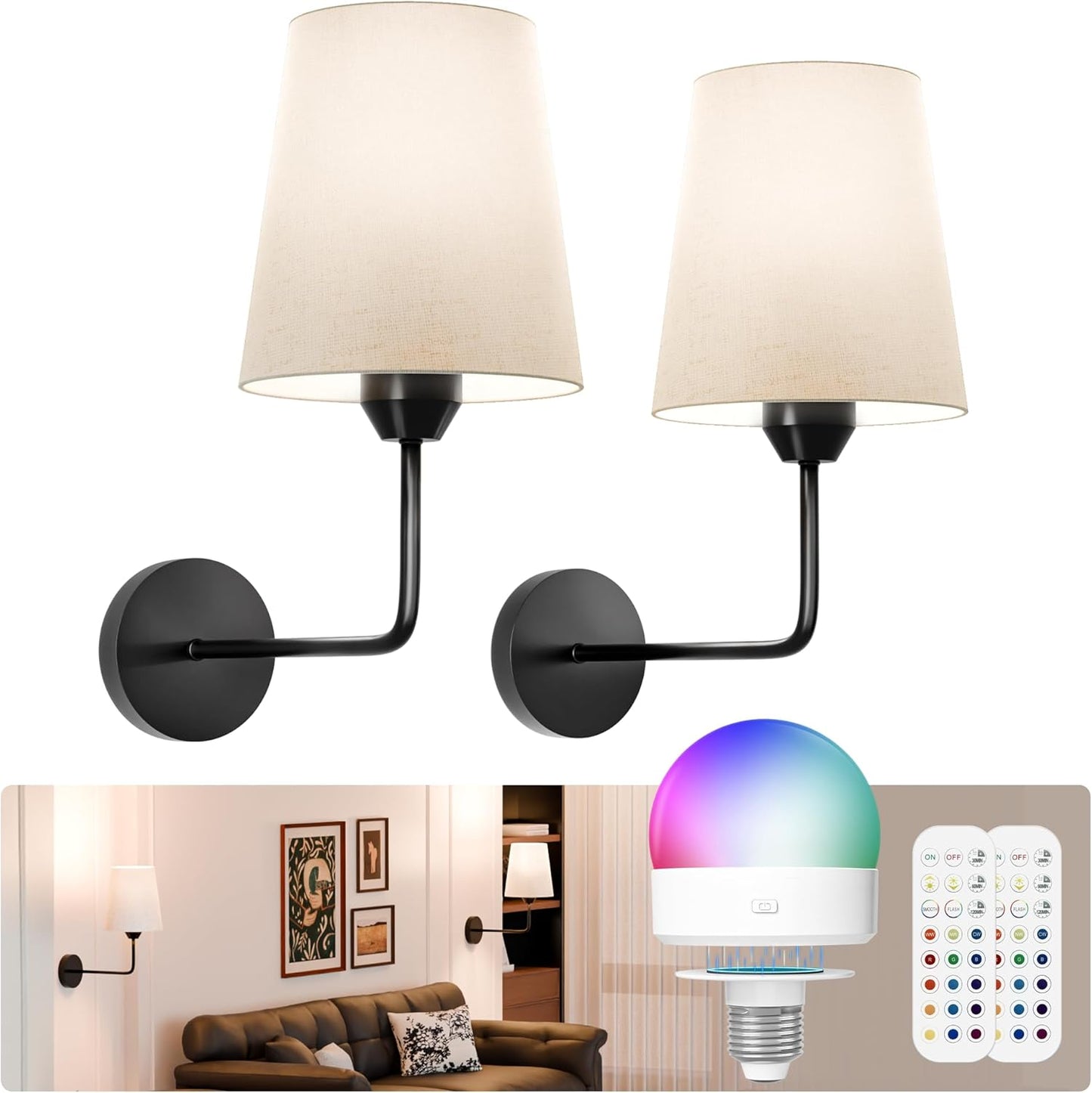 KINDEEP Wall Sconce Set of 2 Battery Operated, Rechargeable Wireless Dimmable Wall Light with RGB, Flash Mode, Remote Timer