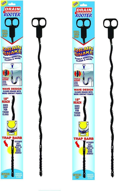 (2) Twin Pack Roto Rooter Plumbing Drain Snake Hair Clog Remover Flexible Plastic Hand Plumbers Tool Sink Shower Auger Pipe Cleaner Plunger Opener