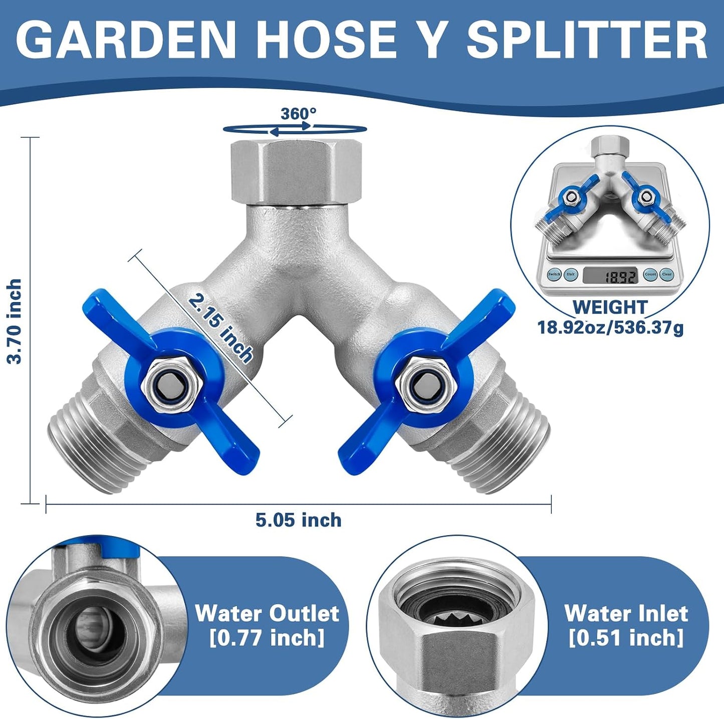 304 Stainless Steel Garden Hose Splitter 2 Way, Heavy Duty 3/4" GHT Y Hose Splitter with Shut-Off Valves, Full Flow Outdoor Faucet Connector with Wrench