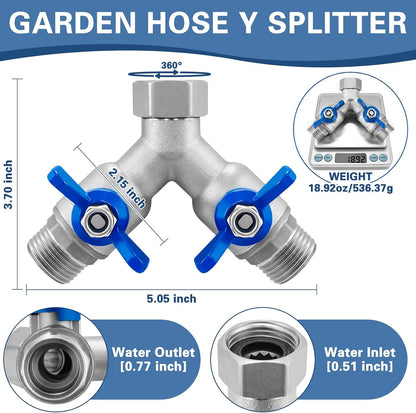 304 Stainless Steel Garden Hose Splitter 2 Way, Heavy Duty 3/4" GHT Y Hose Splitter with Shut-Off Valves, Full Flow Outdoor Faucet Connector with Wrench