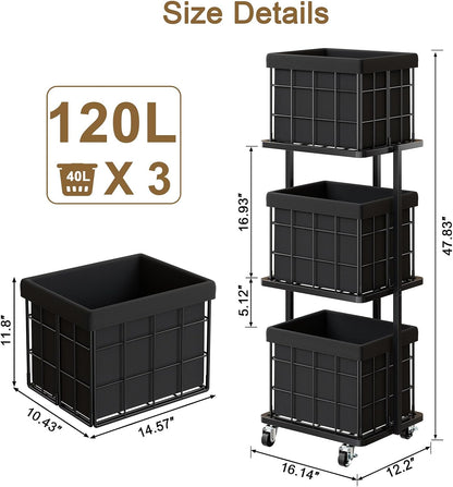 120L Vertical Rolling Laundry Hamper with Removable Bags, 3 Section Laundry Basket with Wheels, Slim Tall 3 Tier Laundry Sorter for Small Spaces, Dorm, Laundry Room, Bathroom, Closet, White