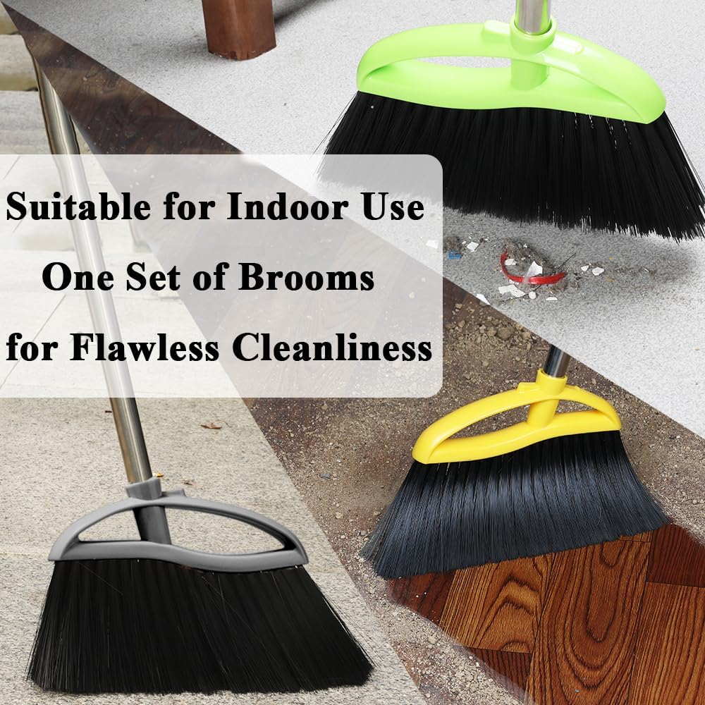 3 Pack Wide Heavy Duty Angle Broom - Stiff Bristle Outdoor Brooms for Sweeping Patio, Garden, Garage, Yard (Black, Yellow, Green)