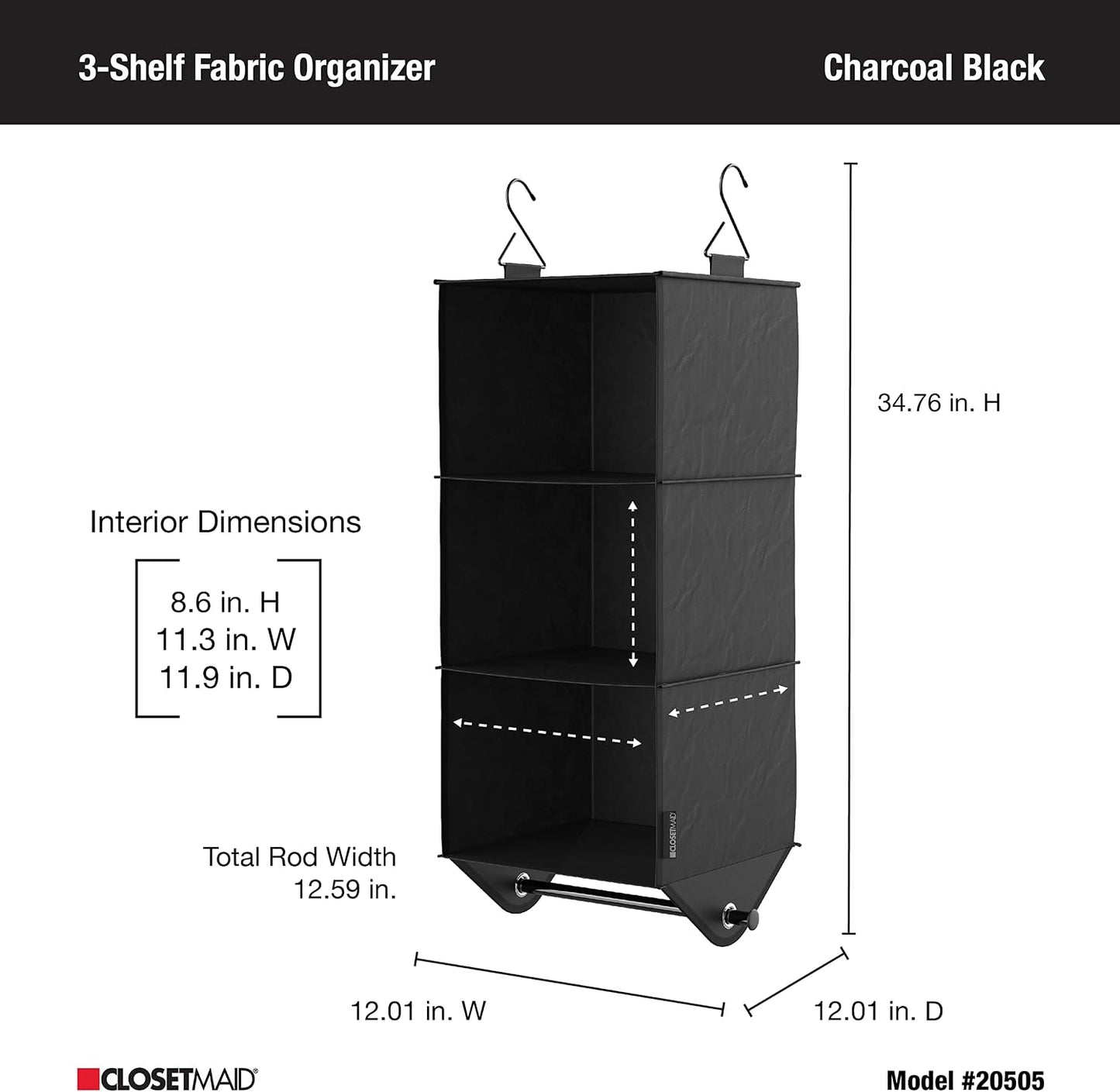 ClosetMaid 10-Shelf Fabric Hanging Shoe Storage Organizer for Closet, Charcoal Black