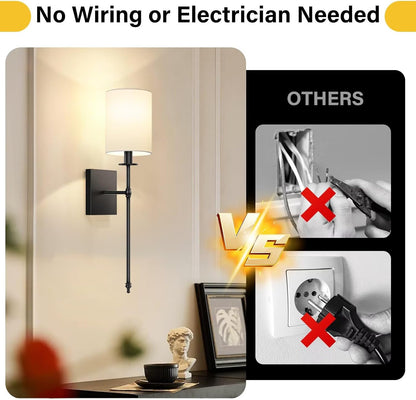 24.8 Inch Black Battery Operated Wall Sconces Set of 2, Rechargeable Wireless Wall Lights with Remote & White Fabric Shade, Indoor Not Hardwired Dimmable Wall Lamps for Bedroom, 2 Bulbs Included
