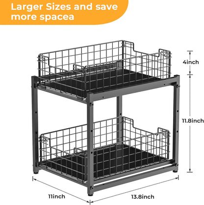 Under Sink Organizer, 2-Tier Pull Out Cabinet Organizer, Kitchen Bathroom Organizer and Storage, Spice Rack for Kitchen, Multi-use Sliding Drawers Shelves, Pack of 2
