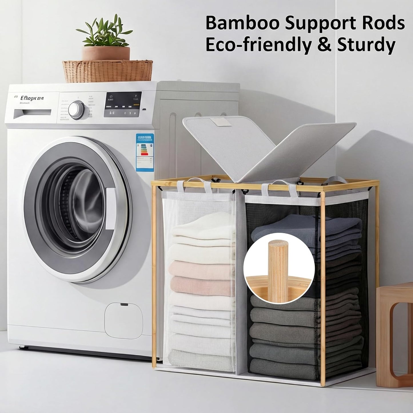 efluky Laundry Hamper with Lid, Trio Laundry Basket with 2 Removable Bags, 3 Section Laundry Bin with Bamboo Handles for Bathroom, Bedroom & Laundry Room, 160L (42.3 Gallon) Beige