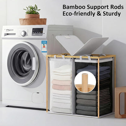 efluky Laundry Hamper with Lid, Trio Laundry Basket with 2 Removable Bags, 3 Section Laundry Bin with Bamboo Handles for Bathroom, Bedroom & Laundry Room, 160L (42.3 Gallon) Beige