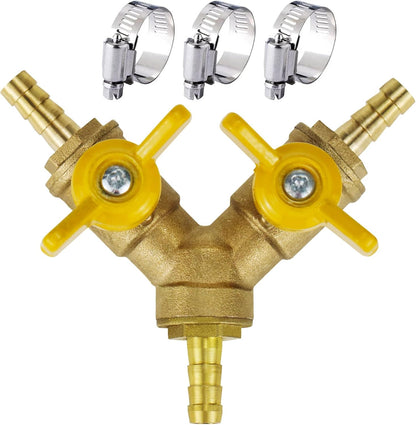 brass 3/4 inch O.D. barb three way shut off ball valve for gas hose air water pvc pex garden tubing fuel line, tee switch splitter fitting