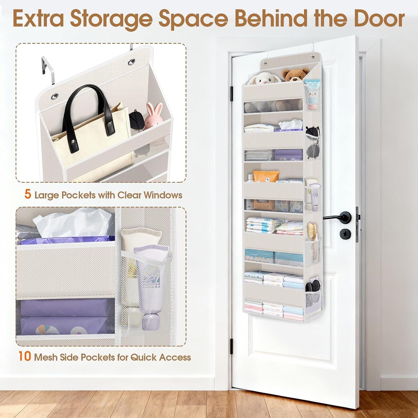 WISELIFE Over The Door Organizer Storage with 4 Large Pockets Door Hanging Organizer with Clear Windows behind The Door Storage for Nursery Bedroom Bathroom Pantry Closet and Baby Essentials Dark Grey