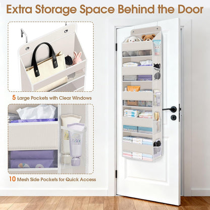 WISELIFE Over The Door Organizer Storage with 4 Large Pockets Door Hanging Organizer with Clear Windows behind The Door Storage for Nursery Bedroom Bathroom Pantry Closet and Baby Essentials Dark Grey