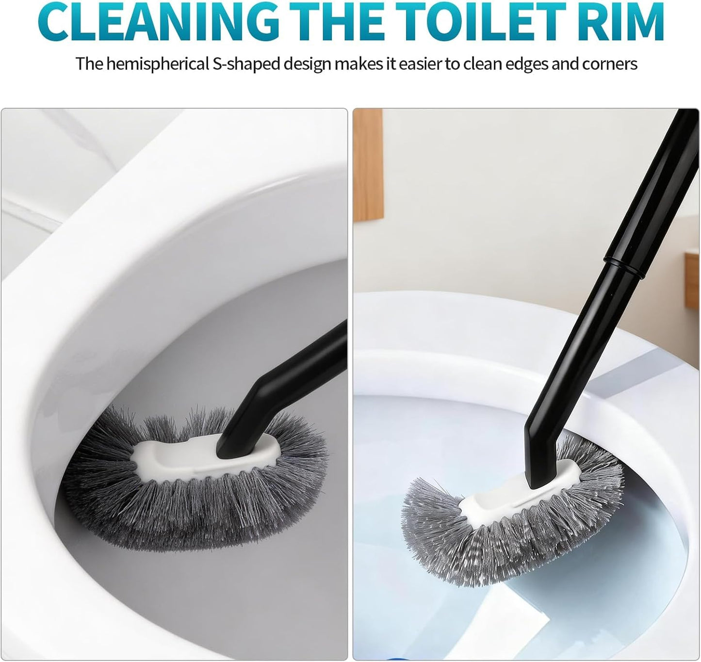 Toilet Brush and Holder Set, Curved Angled Toilet Bowl Cleaner Brush with Under Rim Cleaning, Wall-Mounted Toilet Scrubber & Bathroom Deep Cleaning Supplies Kit（Crevice Brush Included） Black(2-Pack)
