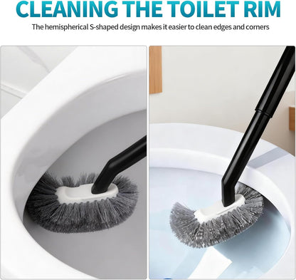 Toilet Brush and Holder Set, Curved Angled Toilet Bowl Cleaner Brush with Under Rim Cleaning, Wall-Mounted Toilet Scrubber & Bathroom Deep Cleaning Supplies Kit（Crevice Brush Included） Black(2-Pack)