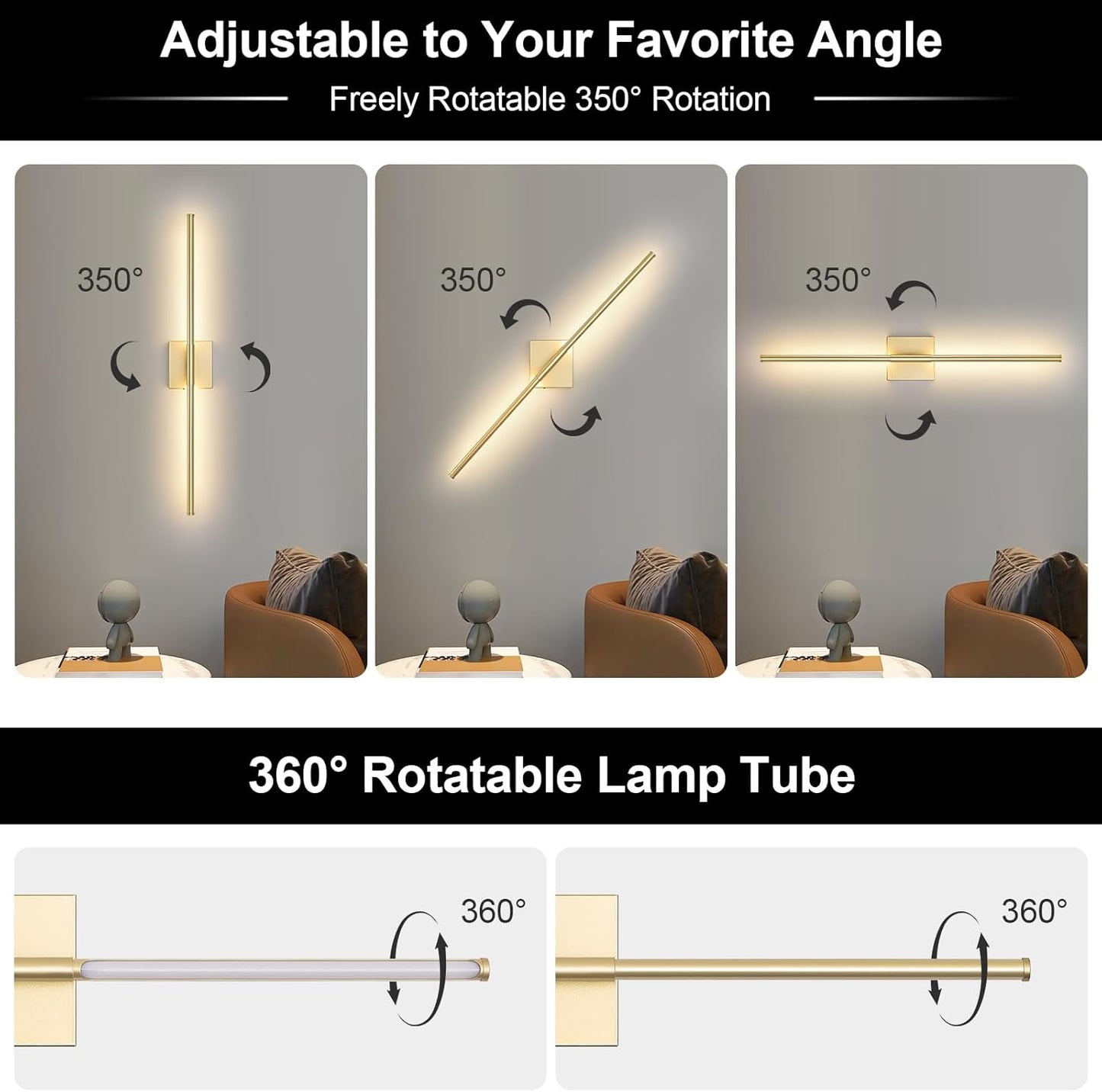 Battery Operated Wall Sconce Set of Two with Remote Control, 3000K-6000K Dimmable Black Wall Lights, Timable LED Wireless Wall Sconces, 350° Ratate for Bathroom, Living Room, Hallway 29.1 Inch