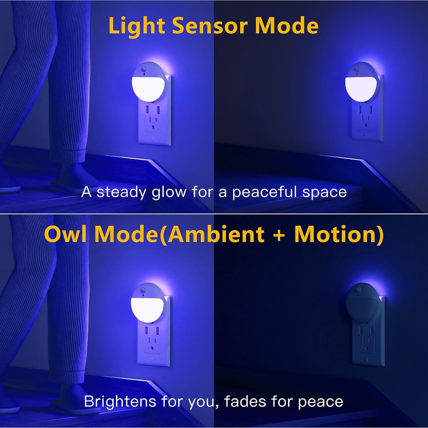 YUNLEX 2 Pack Plug in Night Light with Motion Sensor and Dusk to Dawn Sensor, Stepless Dimming, Warm White LED Nightlight with 3 Lighting Ways for Bathroom, Bedroom, Kitchen, for Kids, Adults