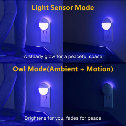 YUNLEX 2 Pack Plug in Night Light with Motion Sensor and Dusk to Dawn Sensor, Stepless Dimming, Warm White LED Nightlight with 3 Lighting Ways for Bathroom, Bedroom, Kitchen, for Kids, Adults