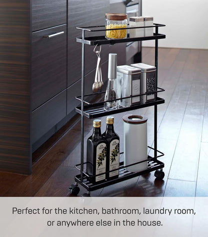 YAMAZAKI Home Tower Rolling Kitchen Island Three Tier Metal Storage Cart - Portable Organizer Shelves Utility Cart, 26" - Steel -