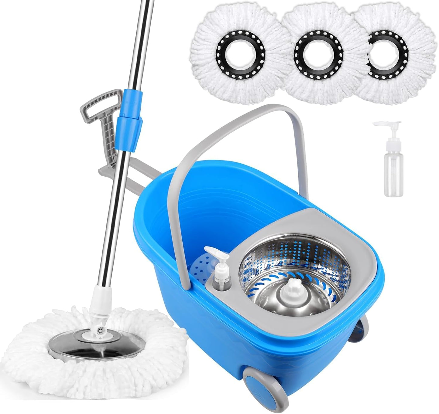 Spin Mop and Bucket with Wringer Set on Wheels, 360 Spinning Mop with Stainless Steel Handle for All Hard Surfaces, Floor Cleaning System with 3 Microfiber Replacement Heads, Black/Red