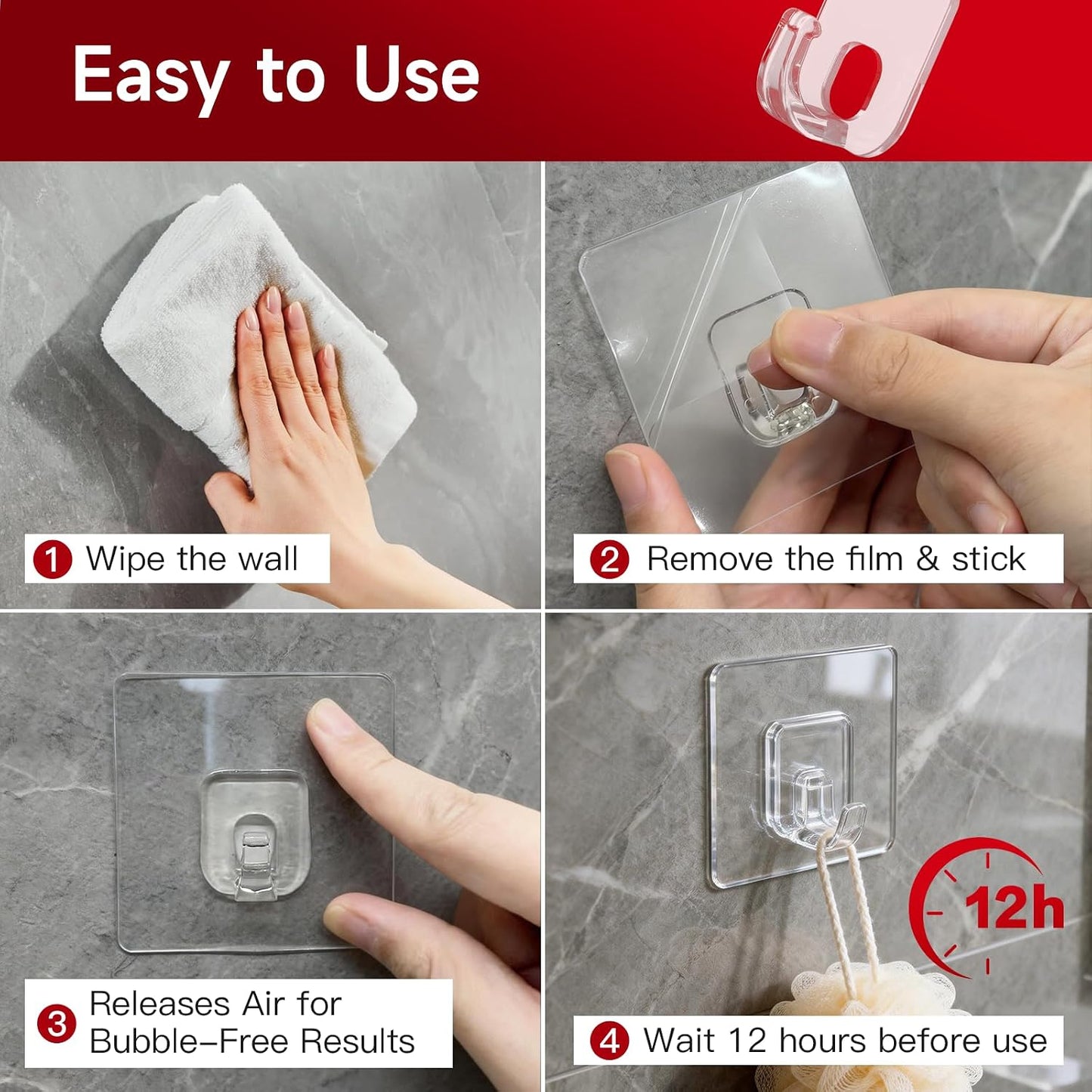12 Pack Large Adhesive Hooks for 44 lb(Max) Hanging Heavy Duty, Self Adhesive Sticky Hooks Waterproof Stainless Steel Wall Hook for Home Bathroom Shower Kitchen Outdoor Utility Hooks