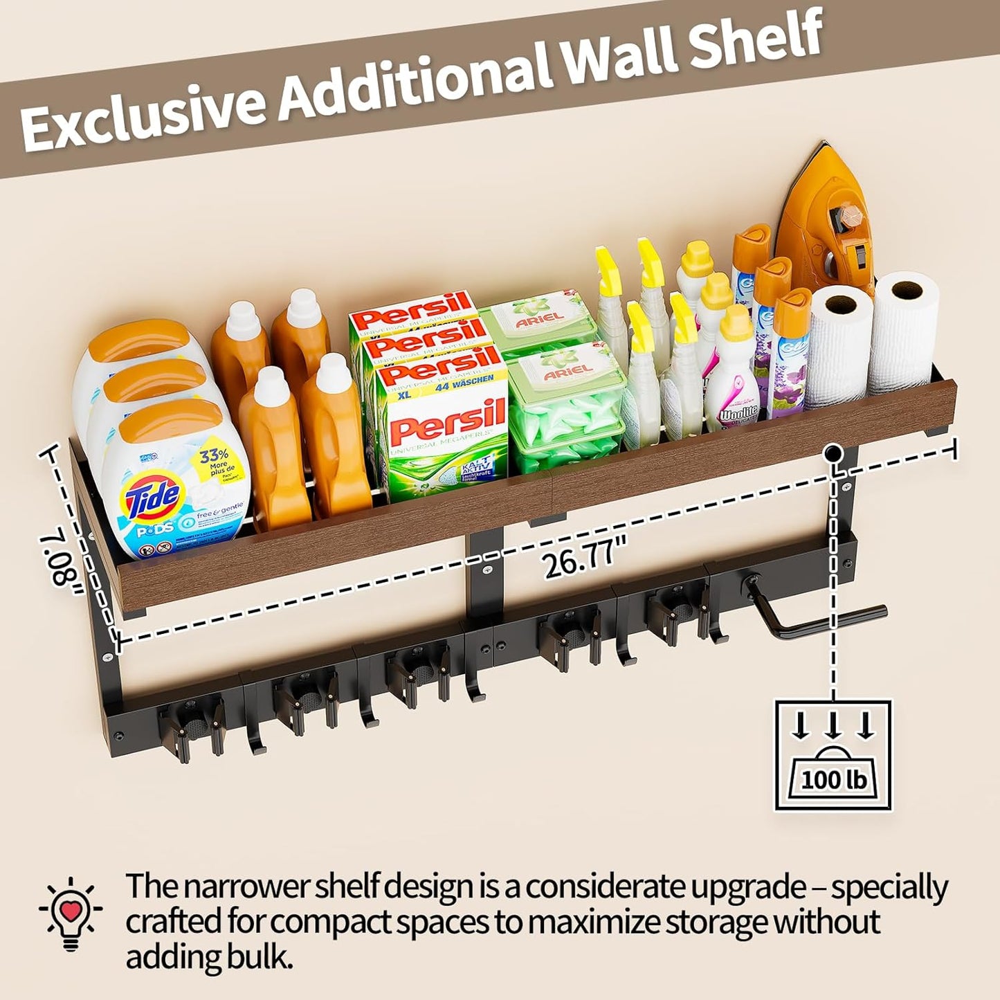 Broom Holder Wall Mount with Cleaning Supplies Organizer, Laundry Room Shelves with Mop Hanger Rack Gripper Hooks and Vacuum Organizer, Broom and Mop Organizer Wall Hanging for Home Garage Kitchen