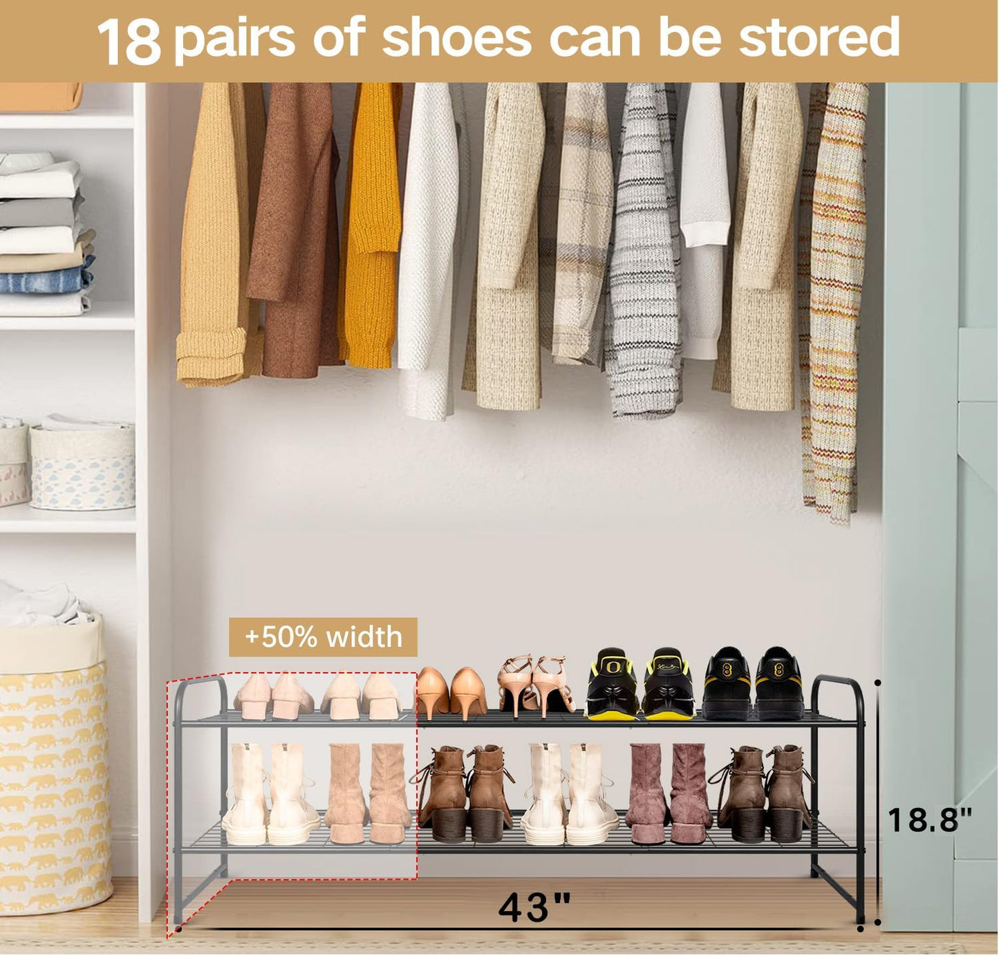 KEETDY 3-Tier Long Shoe Rack for Closet Metal Shoe Organizer for Entryway, Wide Stackable Shoe Storage Shelf with Sturdy Wire Grid for Closet Floor, Bedroom, Black