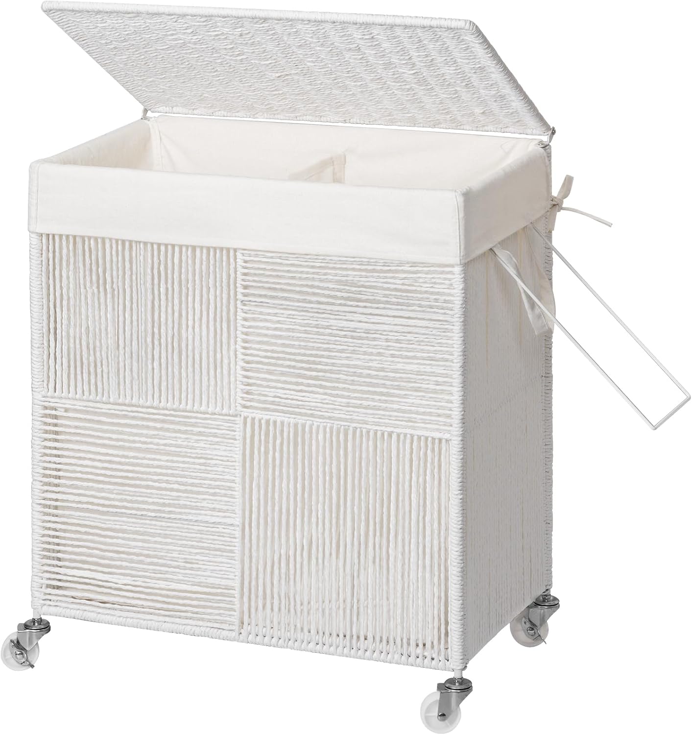 WOWLIVE Double Laundry Hamper with Lid, Handwoven Rolling Laundry Basket with Wheels, 115L Dirty Clothes Hamper with Removable Liner Bag Large Capacity Laundry Sorter Laundry Room Organization,Natural