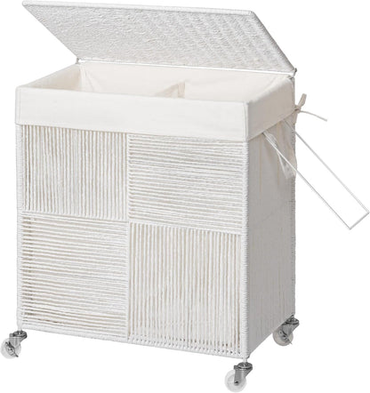 WOWLIVE Double Laundry Hamper with Lid, Handwoven Rolling Laundry Basket with Wheels, 115L Dirty Clothes Hamper with Removable Liner Bag Large Capacity Laundry Sorter Laundry Room Organization,Natural