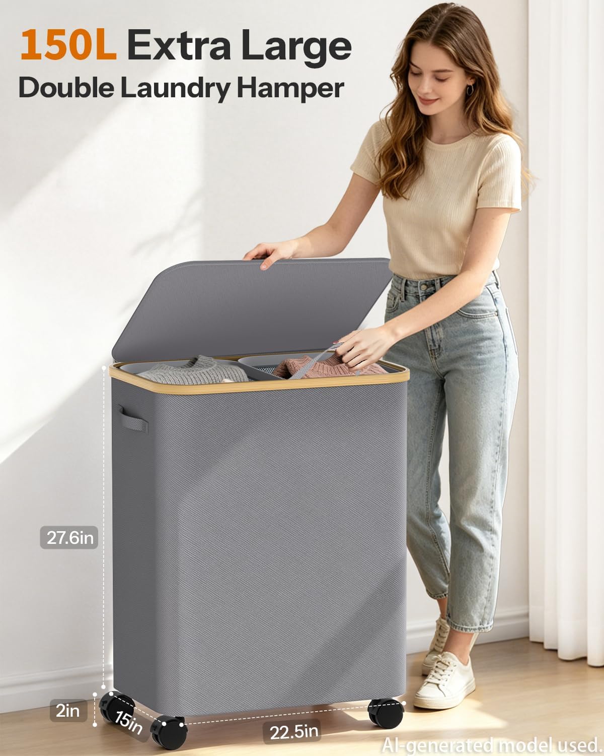 Double Laundry Hamper with Lid and Wheels, 150L Large Laundry Basket with 2 Sections & Removable Liner Bags, Rolling Dirty Clothes Basket with Handles for Bedroom, Bathroom, Dorm, College