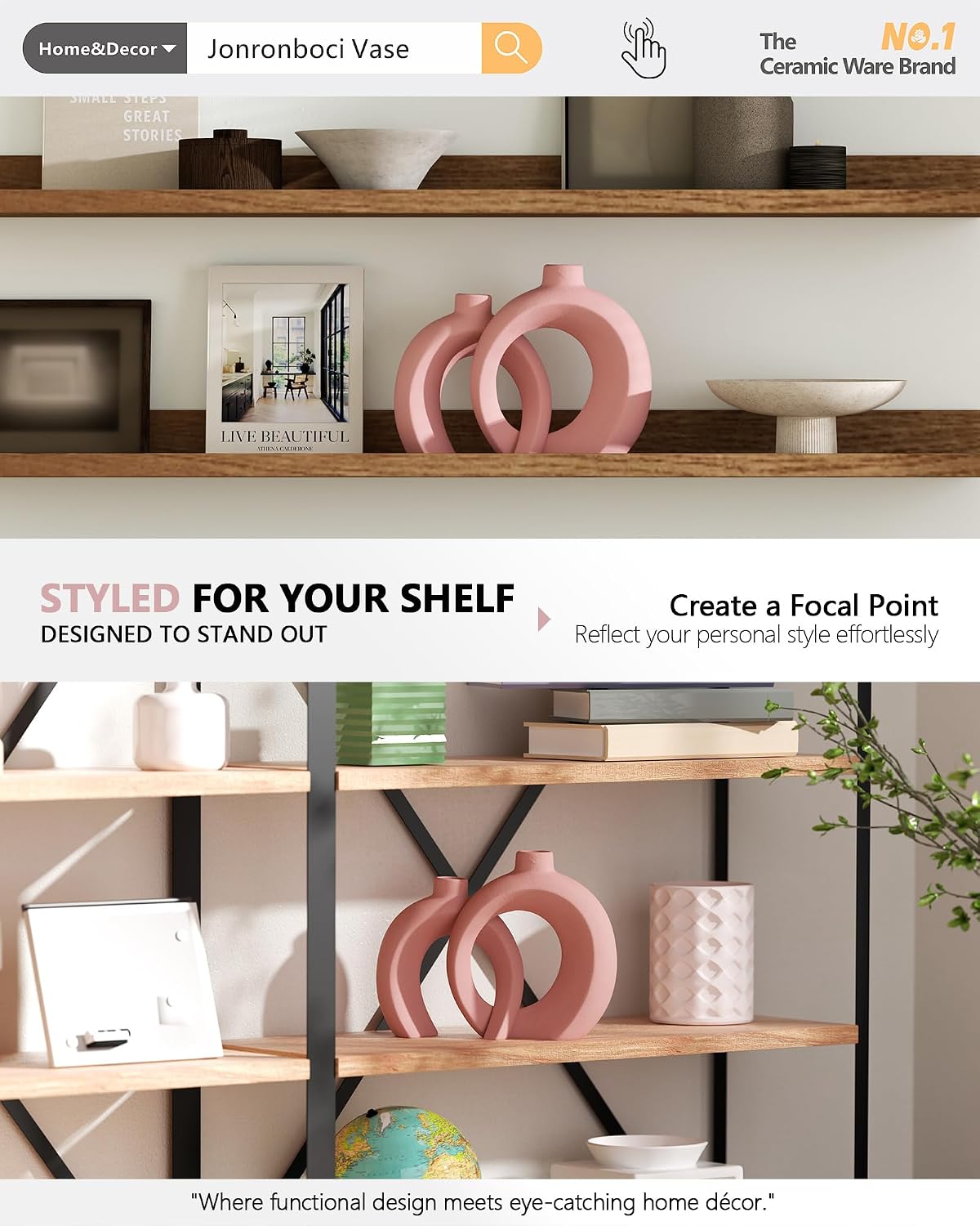 7.2″Hx8.9″H Donut Shape Decorative Vase Set of 2, Ceramic, Modern Minimalism Styles, Flowers or Plant Table Vases for Home Decor Living Room Shelf Entry Console Mantle Dining Centerpiece (Matte White)