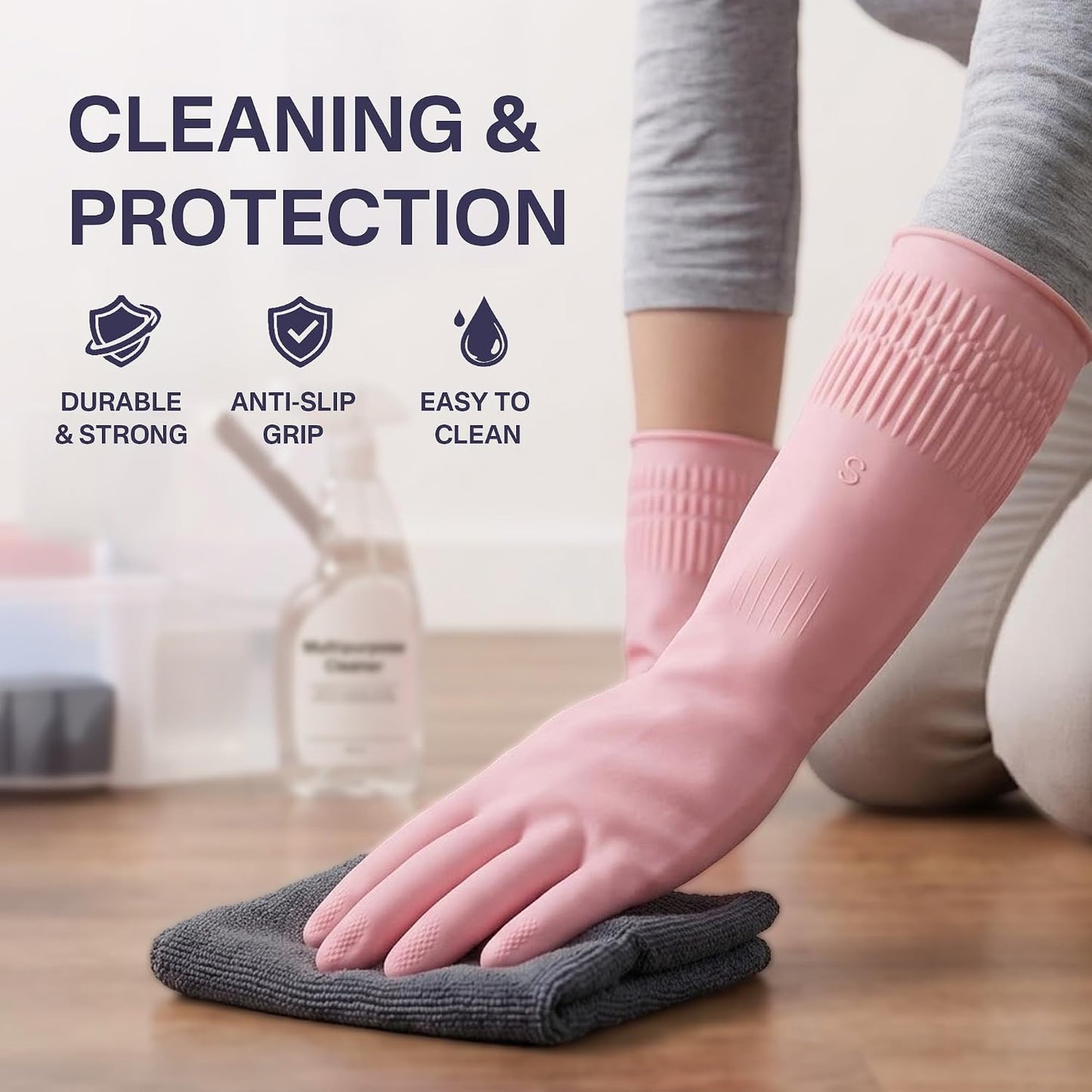 Rubber Dishwashing Gloves, 3 Pairs, Reusable Cleaning Dish Gloves for Kitchen, Non-Slip, Waterproof Dish Washing, Long Cuff for Woman (Red+Pink+Green, Large)