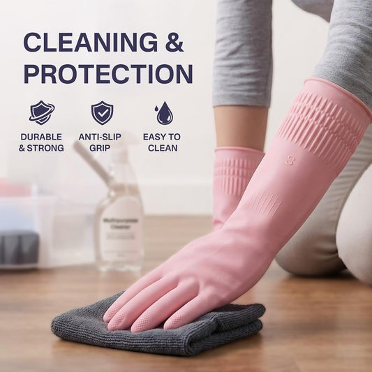 Rubber Dishwashing Gloves, 3 Pairs, Reusable Cleaning Dish Gloves for Kitchen, Non-Slip, Waterproof Dish Washing, Long Cuff for Woman (Red+Pink+Green, Large)