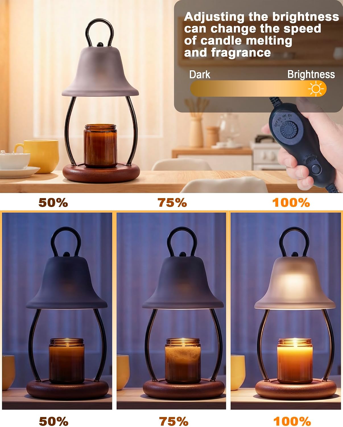Candle Warmer Lamp with Timer - Adjustable Brightness & Glass Shade - Wooden Base with 2 Bulbs Included (Black)