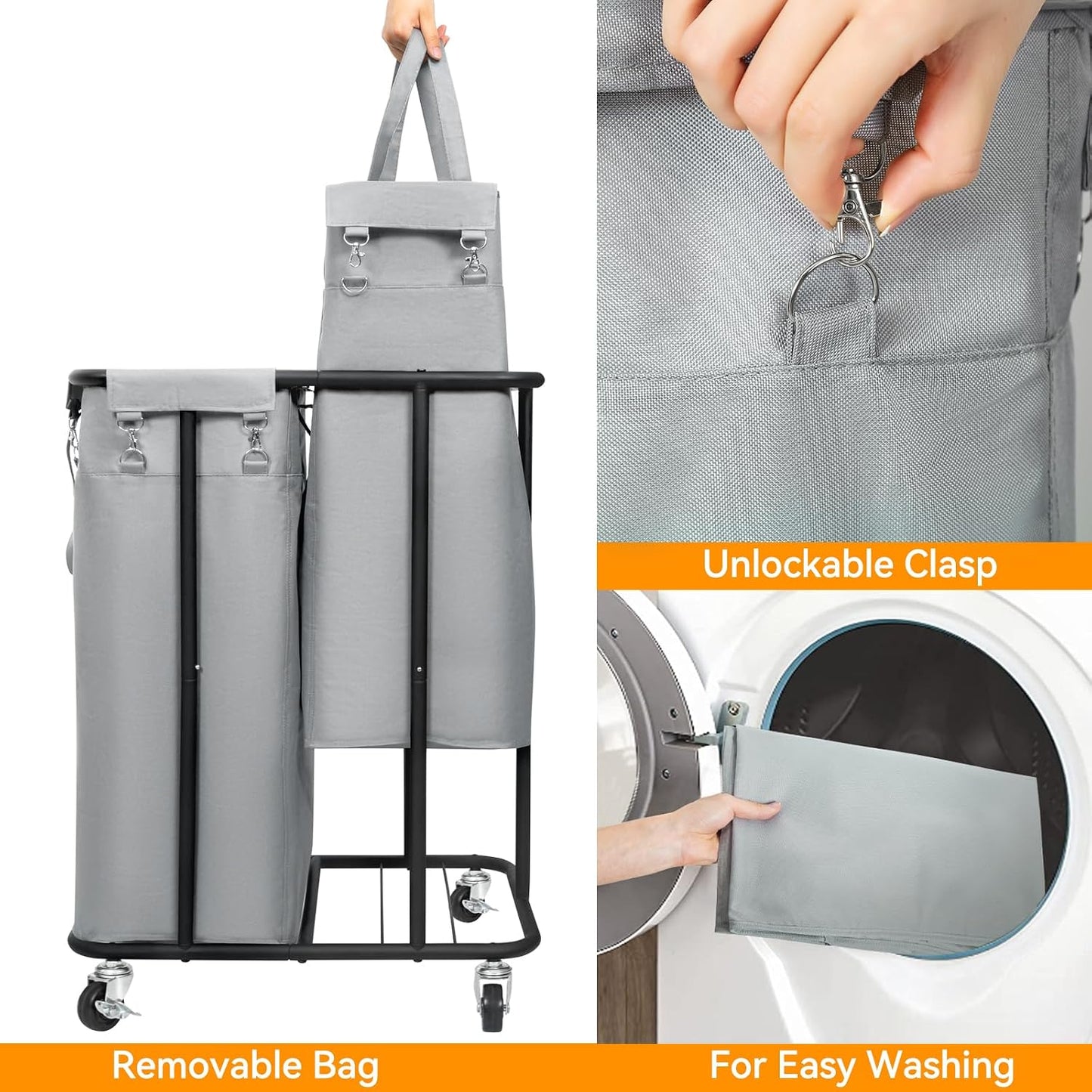 WOWLIVE Laundry Hamper with Wheels 260L Rolling Laundry Basket 3 Section Organizer Laundry Cart with Steel Frame and Removable Bags Large Dirty Clothes Hamper Dorm Room Storage for Bedroom