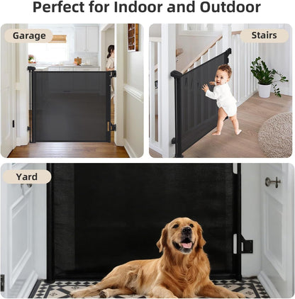 Retractable Baby Gate, 55 in Wide x 33 in Tall Mesh Dog Gate, Hardware Mounted Safety Gate with Double Lock for Doorways, Hallways, Indoor Outdoor, White