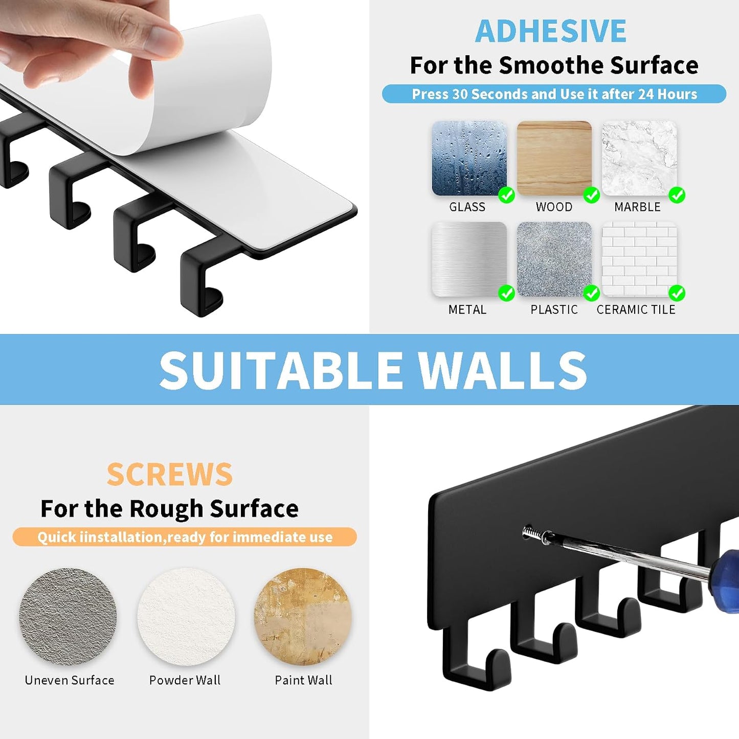 GTK Key Holder for Wall, Key Hooks with 10 Hooks, Wall Mounted Key Holder for Hallway, Self Adhesive Key Rack(White)