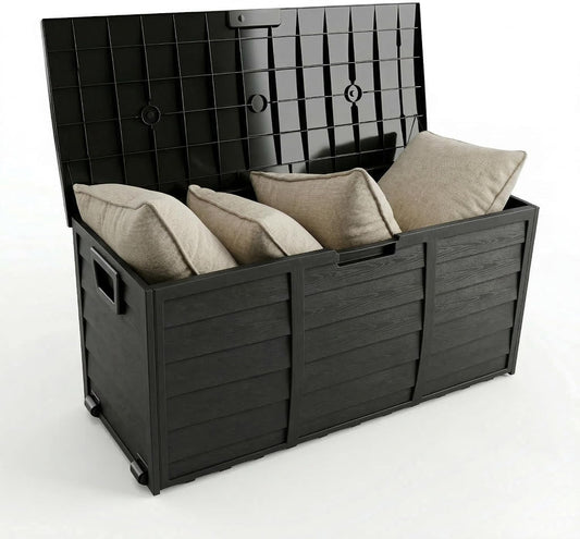 75 Gallon Outdoor Storage Box, 260L Waterproof Resin Deck Box for Patio Furniture Cushions, Garden Tools and Yard Accessories, Lockable Storage Chest with Wheels and Handles (Brown)