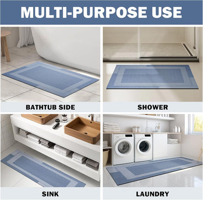 YDKGL Non Slip Bath Mat, Rubber Backing Ultra Thin Bathroom Rugs Fit Under Door Quick Dry Super Absorbent Washable Bath Rug Shower Mat for Bathroom Floor Bathtub Shower Sink, Easy Care Blue 16"x 24"