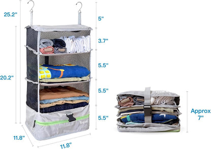 Grand Fusion Stow-N-Go Hanging Travel Shelves, Packing Organizer for Luggage. Carry on Closet for Suitcase. Expandable Packing Cube. Travel Essentials. (Black - L, L = (L) 11.8" x (W) 11.8")