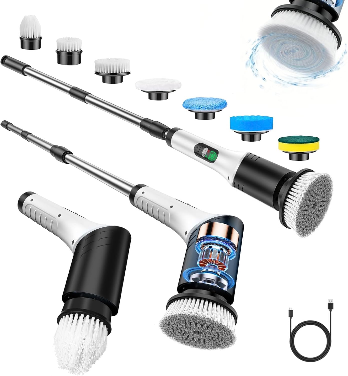 Electric Spin Scrubber, Cordless Power Cleaning Brush with 7 Replaceable Heads, Adjustable Long Handle, & LCD Display, IPX7 Waterproof Shower Scrubber for Bathroom, Tub, Tile, Kitchen & Car