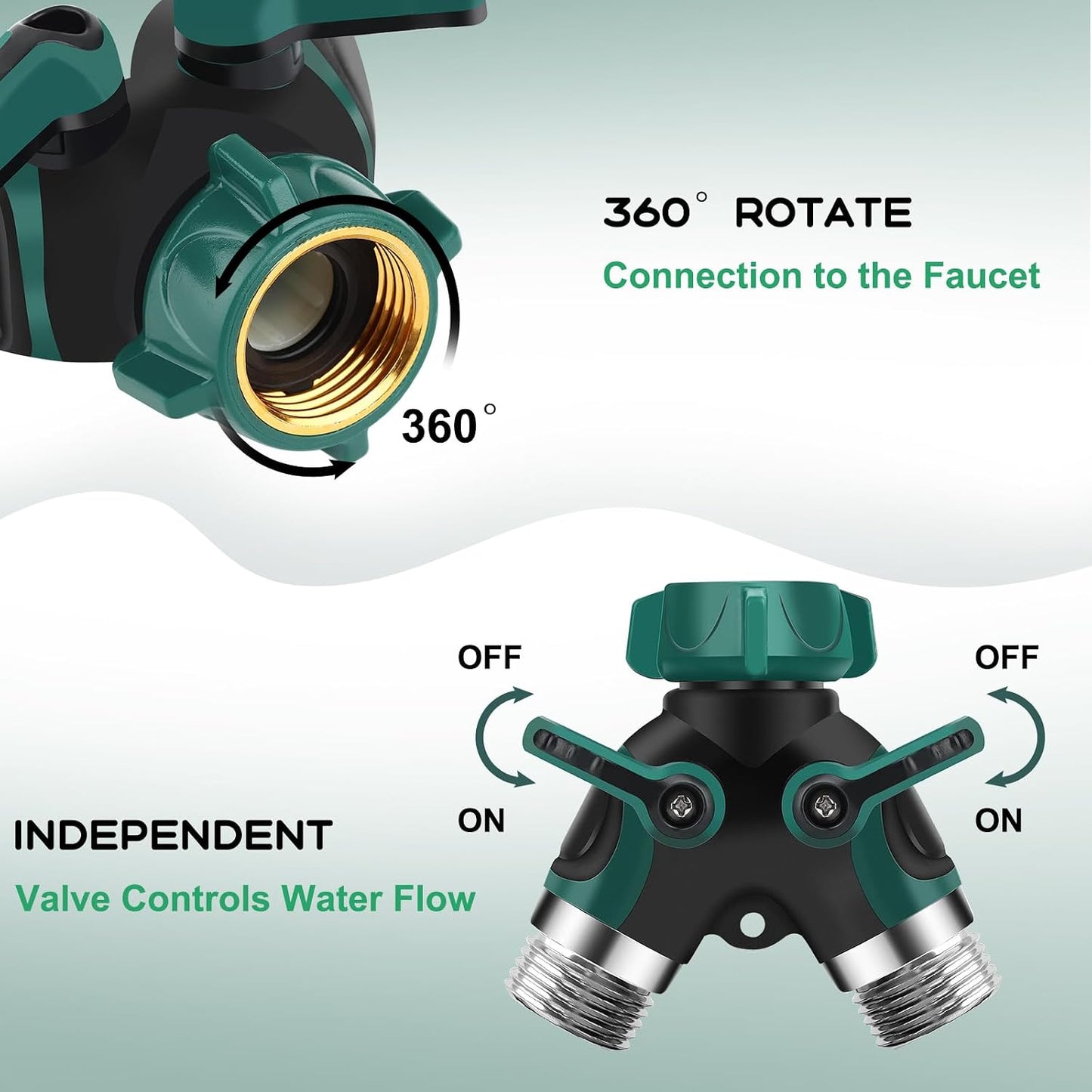 Garden Hose Splitter 2 Way, 3/4" Y Water Hose Splitter with Comfort Rubber Long Handle, Faucet Splitter, Heavy Duty Metal Connector with 2 Kink Free Faucet Extension Hose Protector